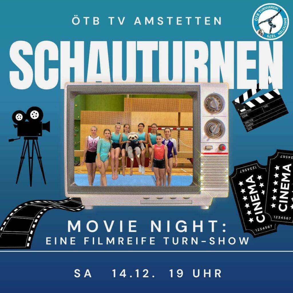Flyer vom Schauturnen 2024. Thema Movie Night. Am 14.12.2024 ab 19:00 Uhr